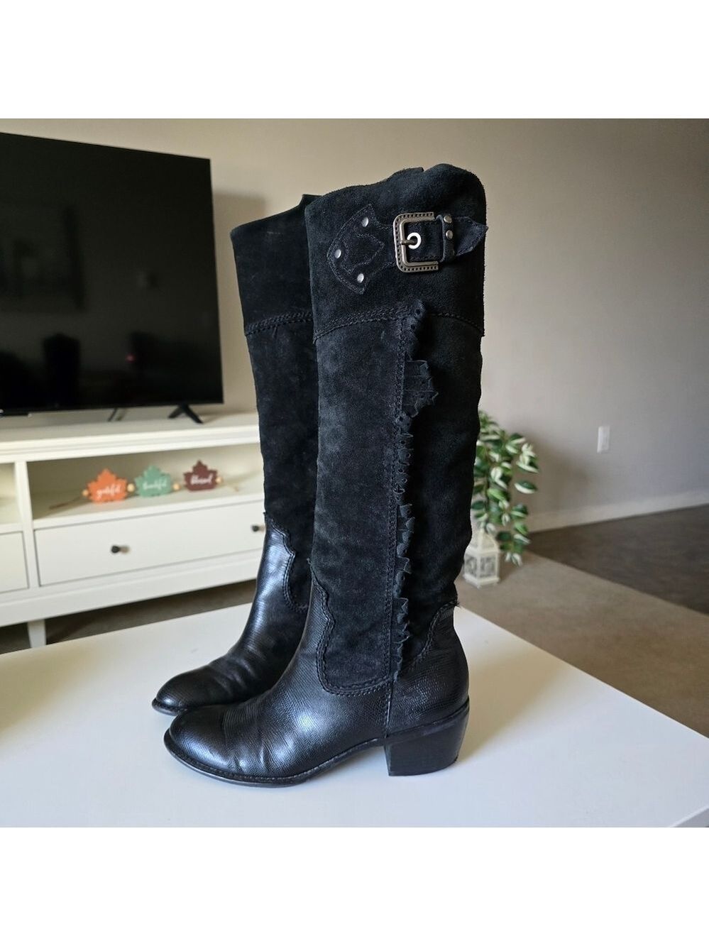 Vintage A Duke Black Leather & Suede Knee-High Boots - Picture 4 of 15
